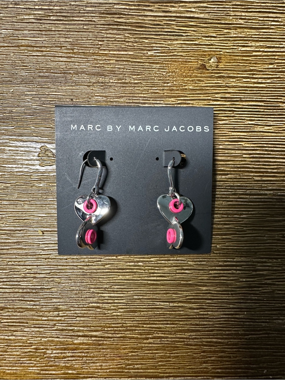 Marc by Marc Jacobs Silver Heart Drop Earrings with Pink Accents